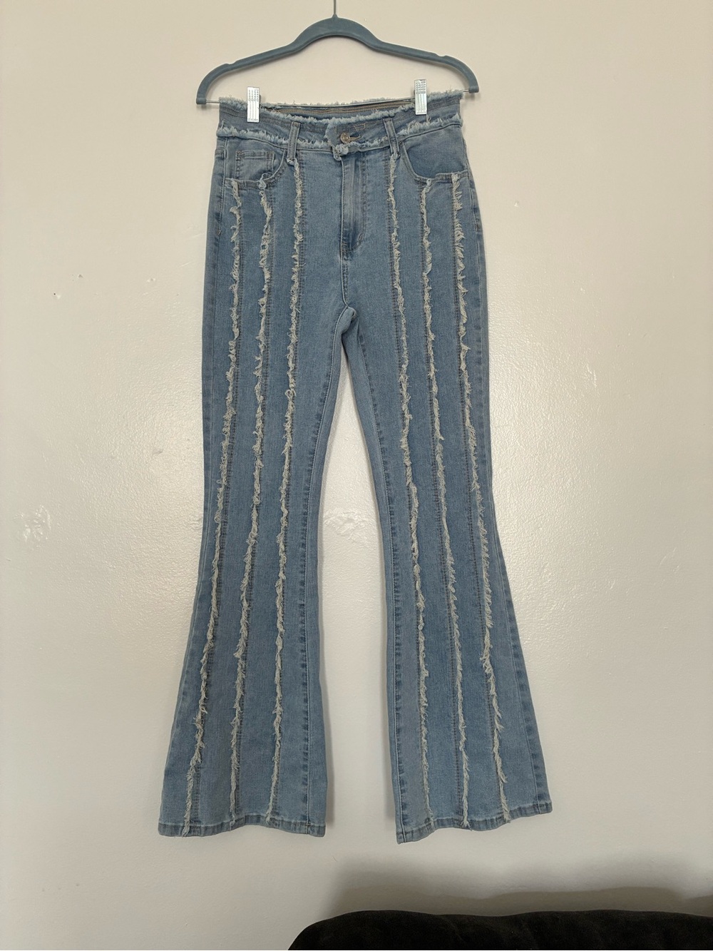 SHEIN blue denim flare jeans with vertical frayed stripes